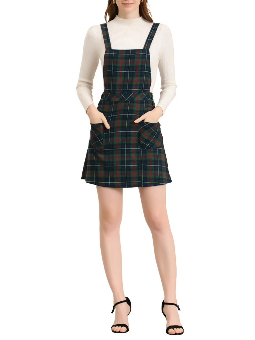 Allegra Women’s XL Plaid Pinafore Overall Dress Knee Length Pockets